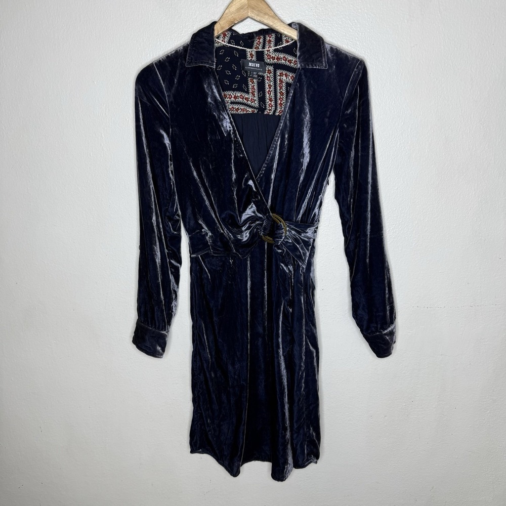 Maeve Anthropologie Blue Velvet Faux Wrap Dress D Ring Womens 0 Long Sleeve